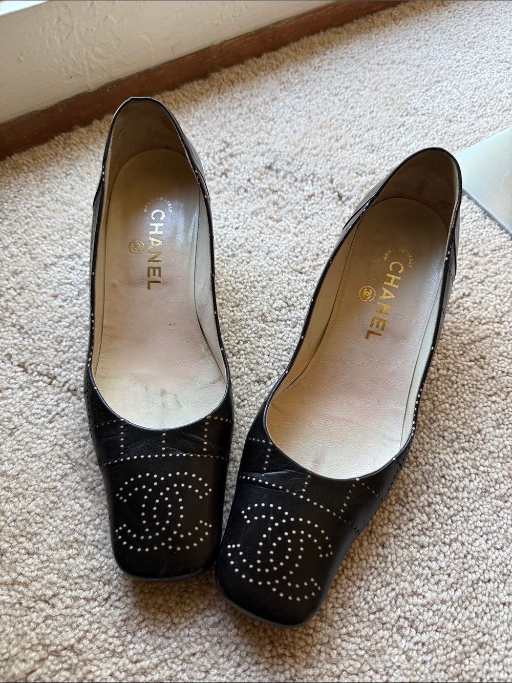 Vintage CHANEL Black Studded Logo Square-Toe Ballet Flats